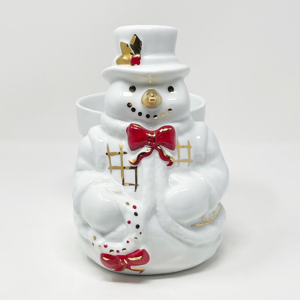 Vintage 2000 Bloom Rite White Ceramic Snowman Planter Gold Red Holiday EUC